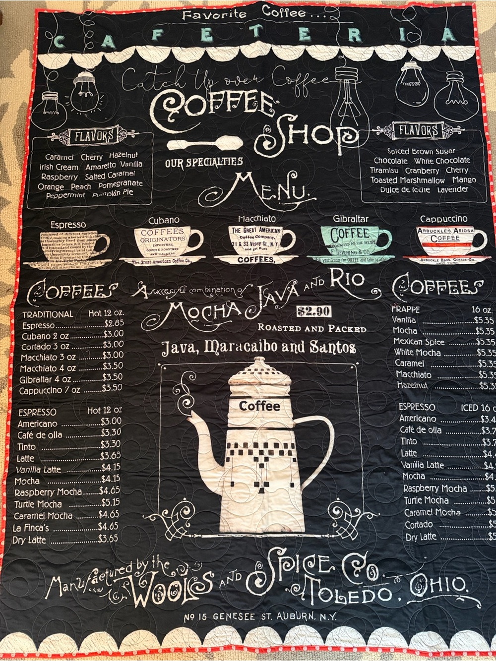 Handmade Coffee Shop Quilt Throw Blanket 50x70 Café Chalkboard Decor NWOT